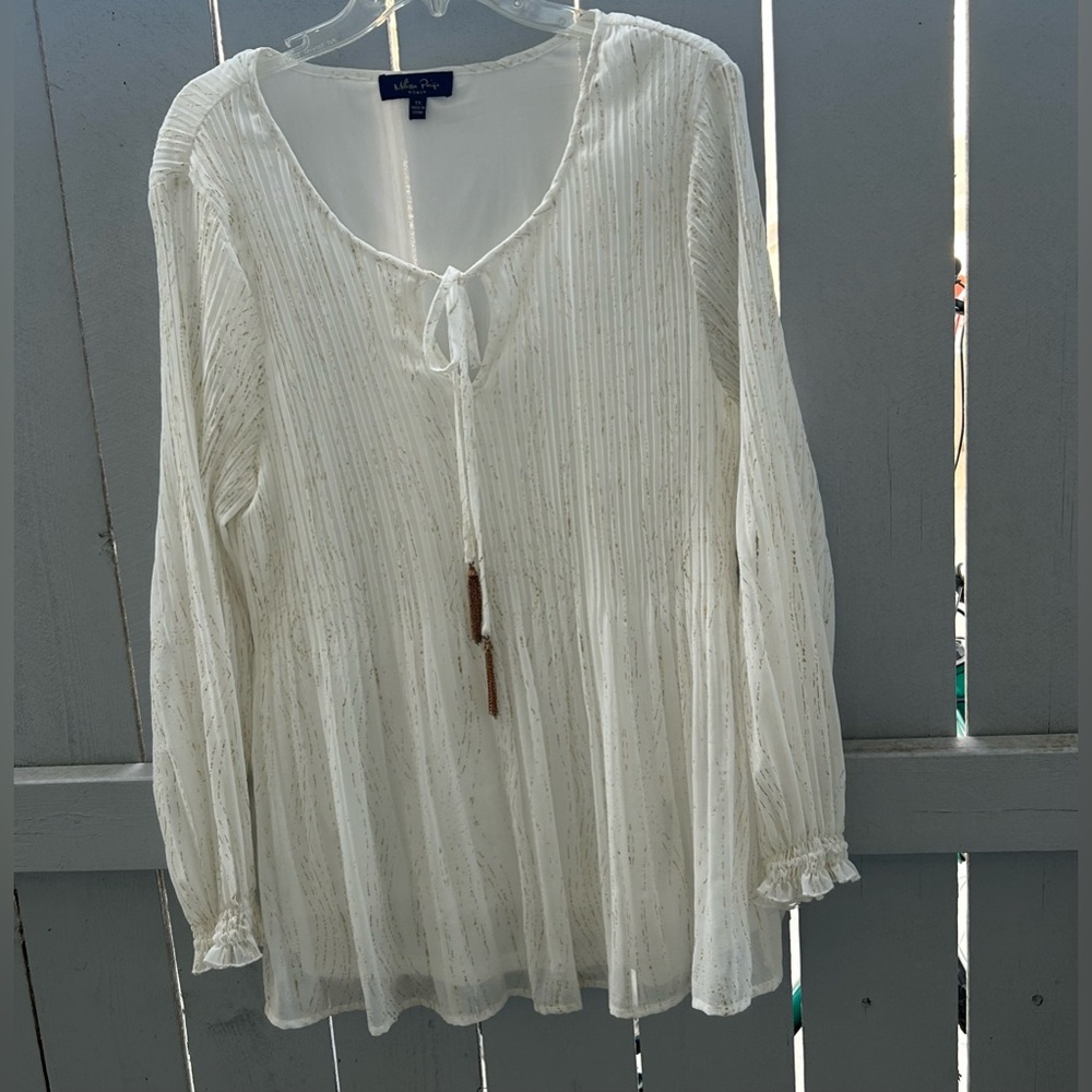 98. Melissa Paige Women's Blouse - White with Gold Details